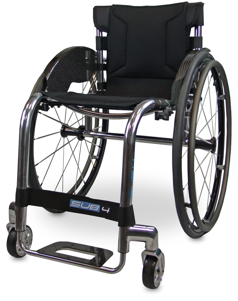 Silver and black wheelchair with spoked wheels and adjustable components.