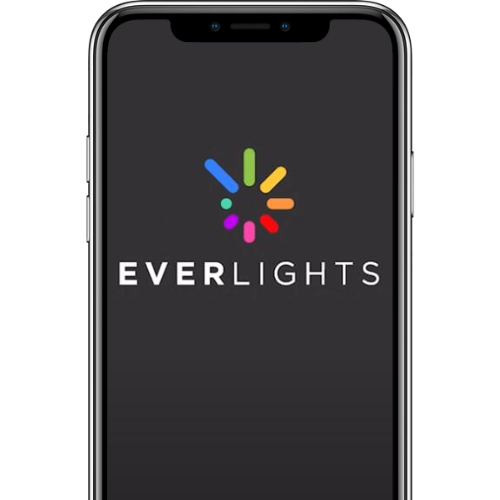 Everlights logo on a smartphone screen with colorful starburst icon on dark background