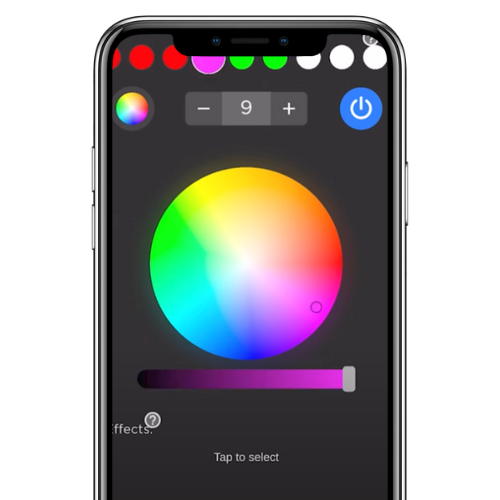 Smartphone screen showing a color wheel picker with brightness slider and preset color swatches
