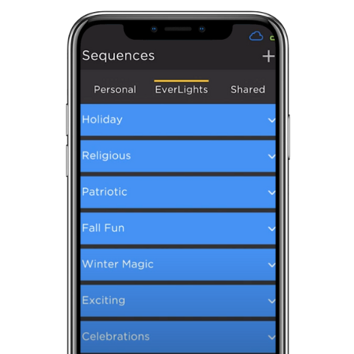 Smartphone screen showing a dark-themed “Sequences” app with blue list items like Holiday and Religious.
