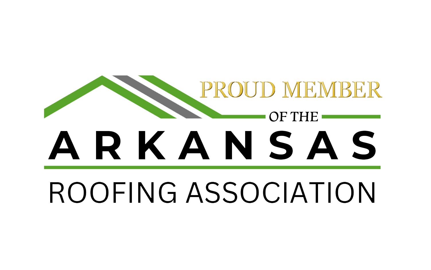 ARKANSAS Roofing Association logo with green roof line and gold “Proud Member of the” text