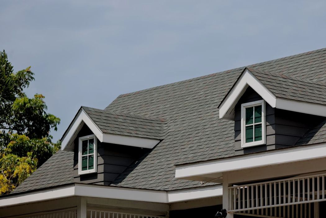 Two dormer windows on a gray shingled house roof, with trees in the background