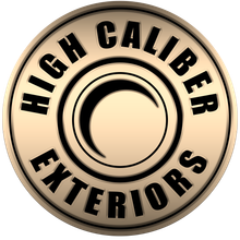 Round gold badge logo reading “HIGH CALIBER EXTERIORS” around a circular center