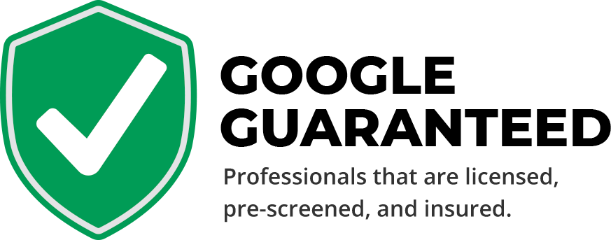 Green shield checkmark logo with “Google Guaranteed” and text saying professionals are licensed, pre-screened, and insured.