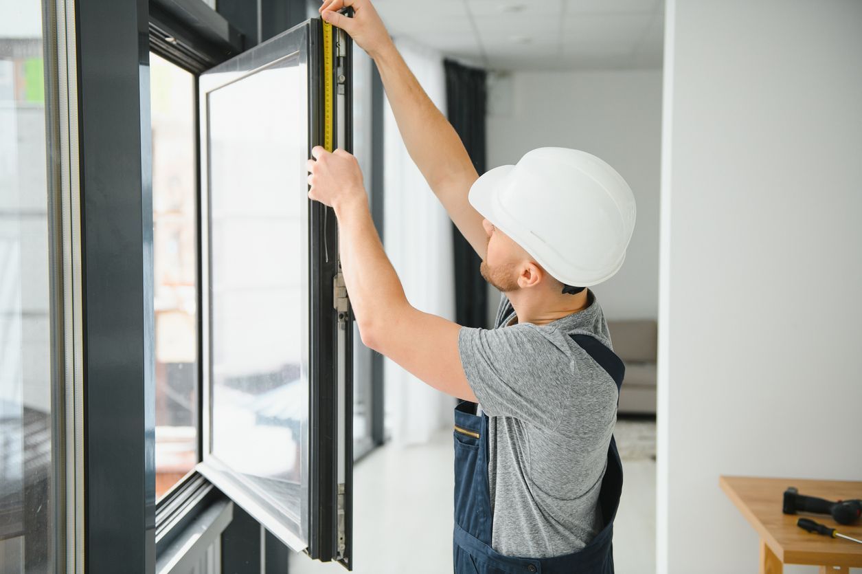 Person in a white hard hat measuring a window frame in a bright room