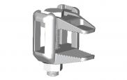 A close up of a metal clamp on a white background.