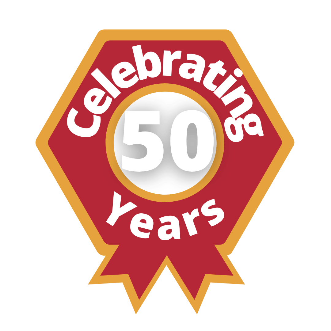 A red and gold badge that says celebrating 50 years