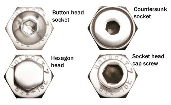 Four different types of screws are shown on a white background