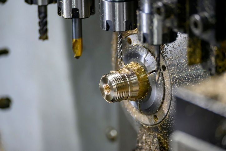 A machine is cutting a piece of metal in a factory.