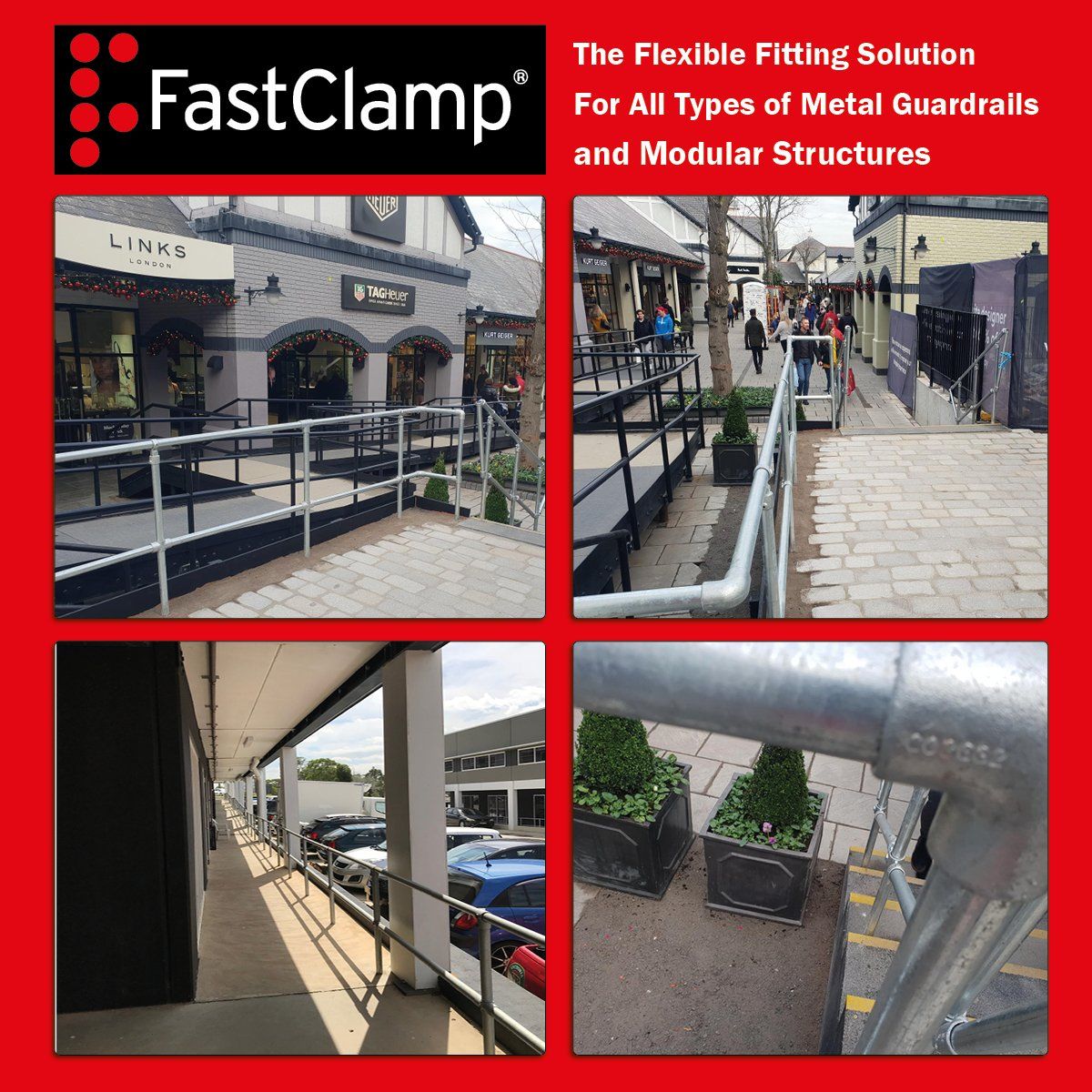 An advertisement for fastclamp for all types of metal guardrails and modular structures