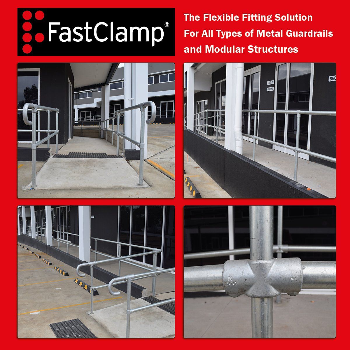 An advertisement for fastclamp for all types of metal guardrails and modular structures