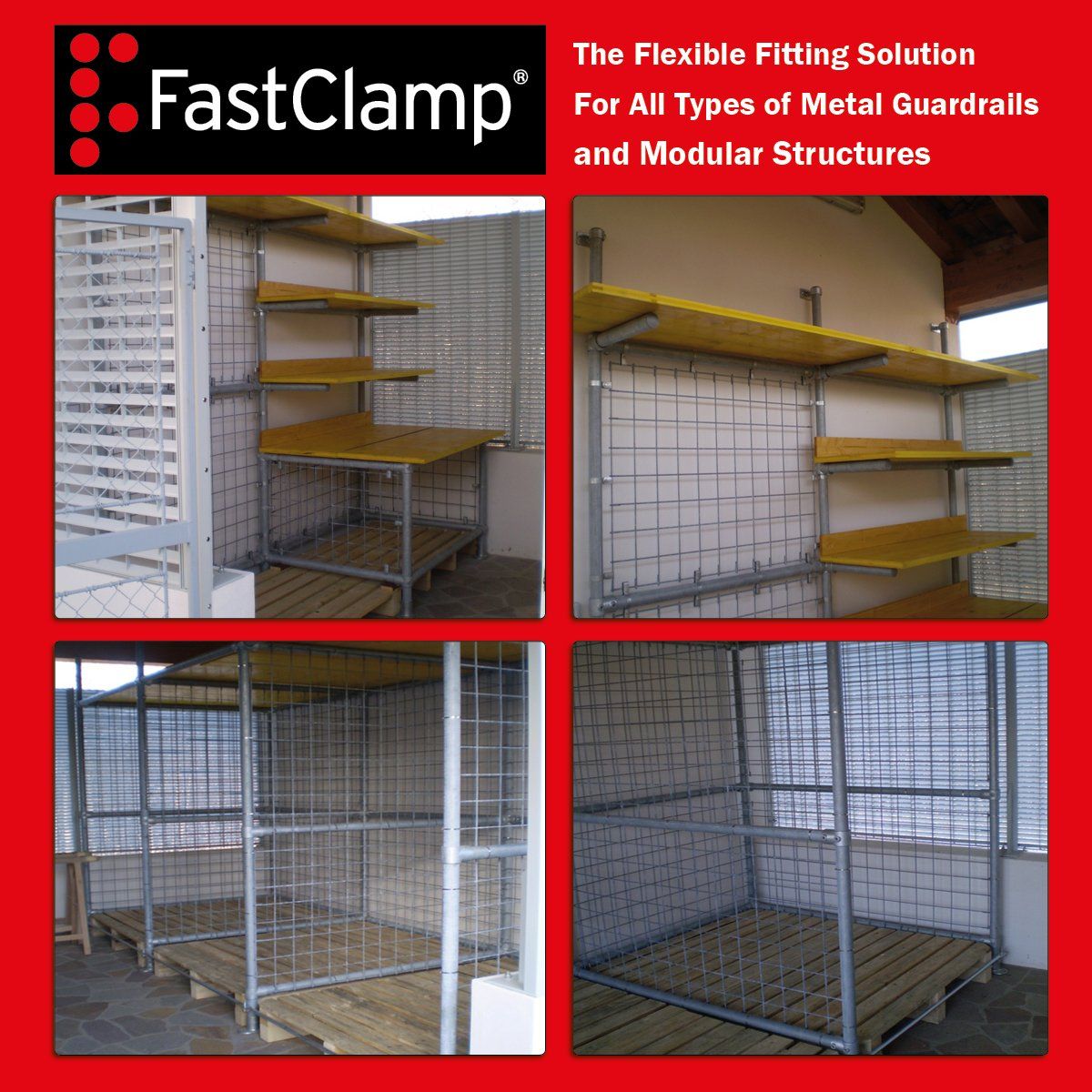 A poster for fastclamp shows shelves and a fence