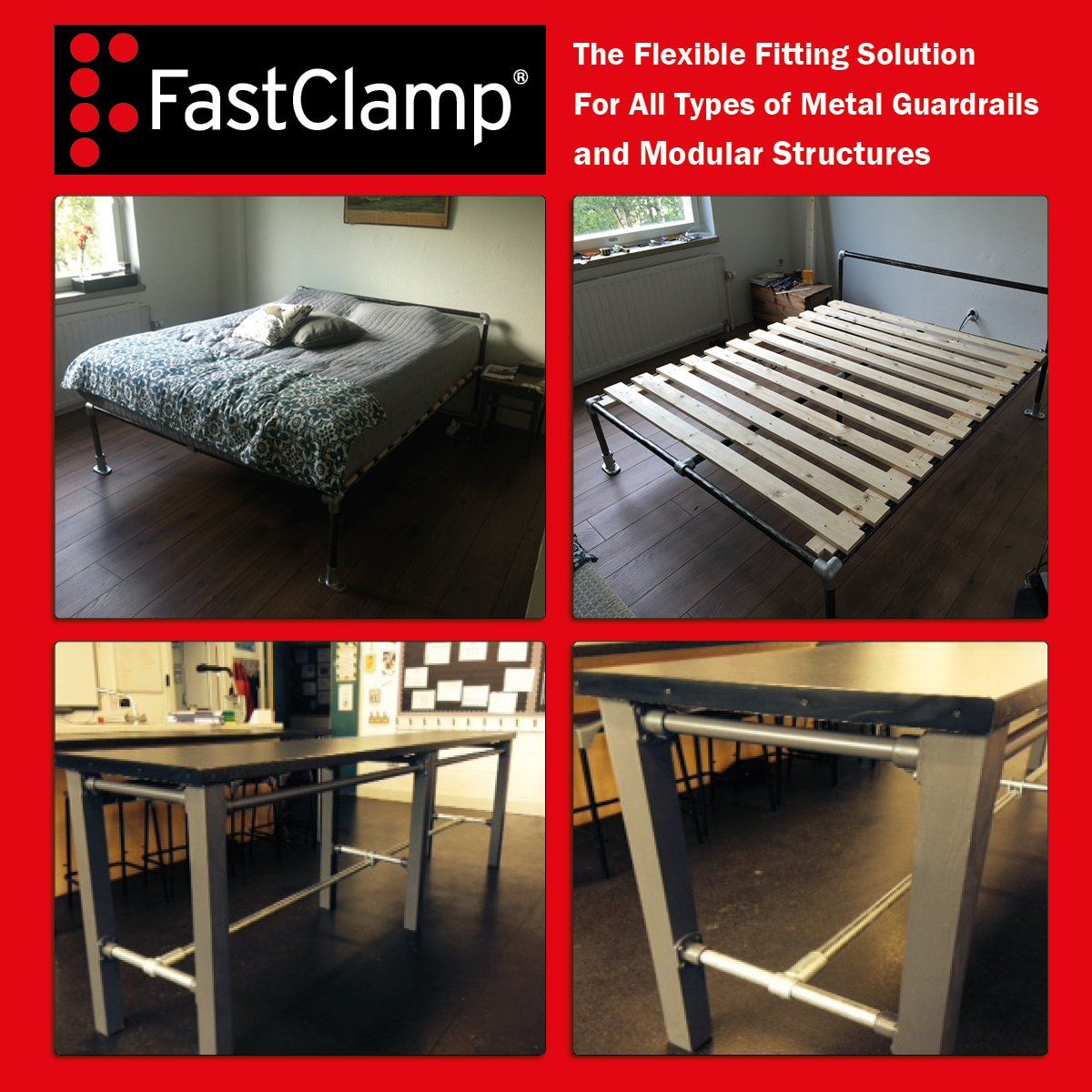 A poster for fastclamp shows a bed and a table