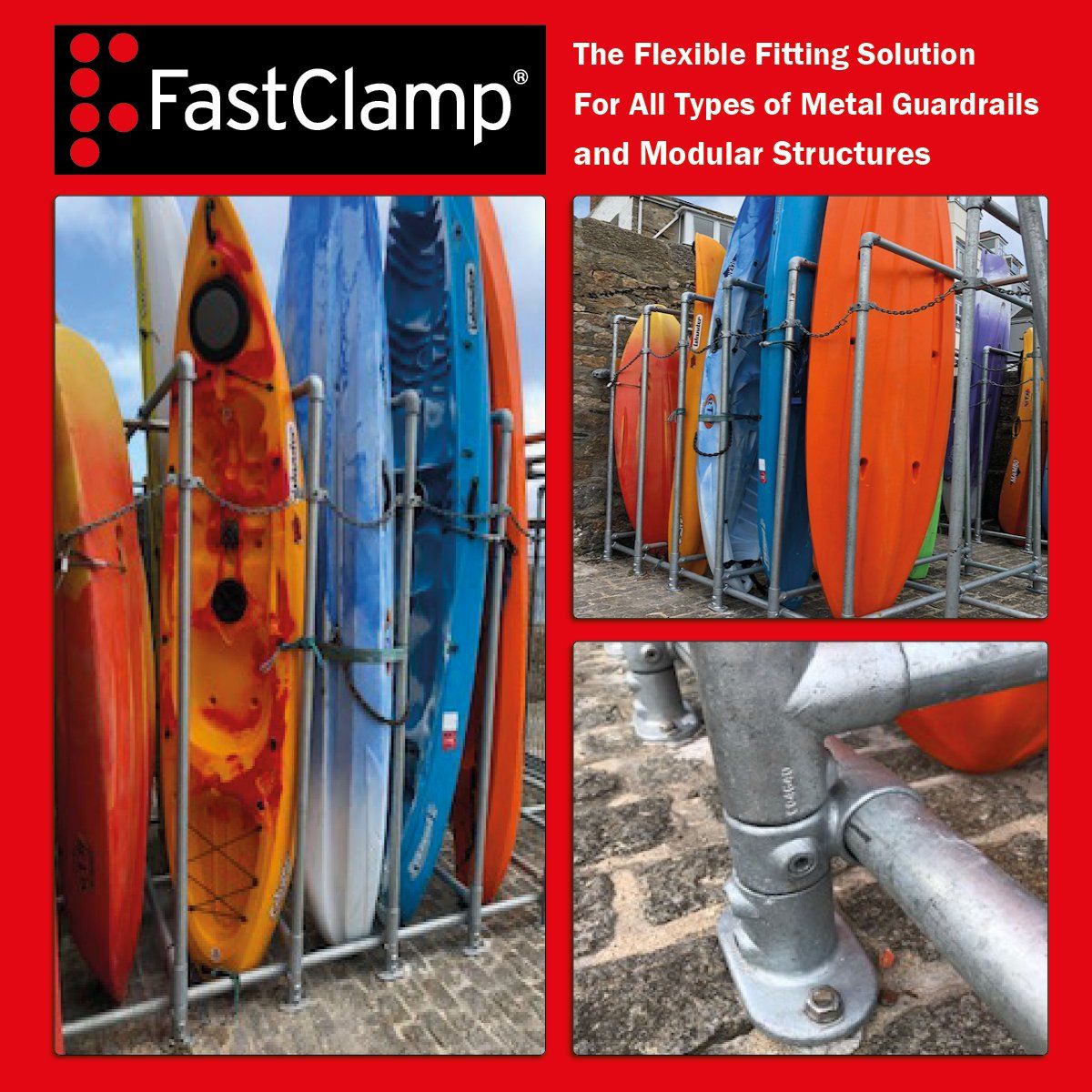 A poster for fastclamp shows a bunch of kayaks in a rack