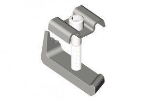 A close up of a metal clamp with a screw in it.
