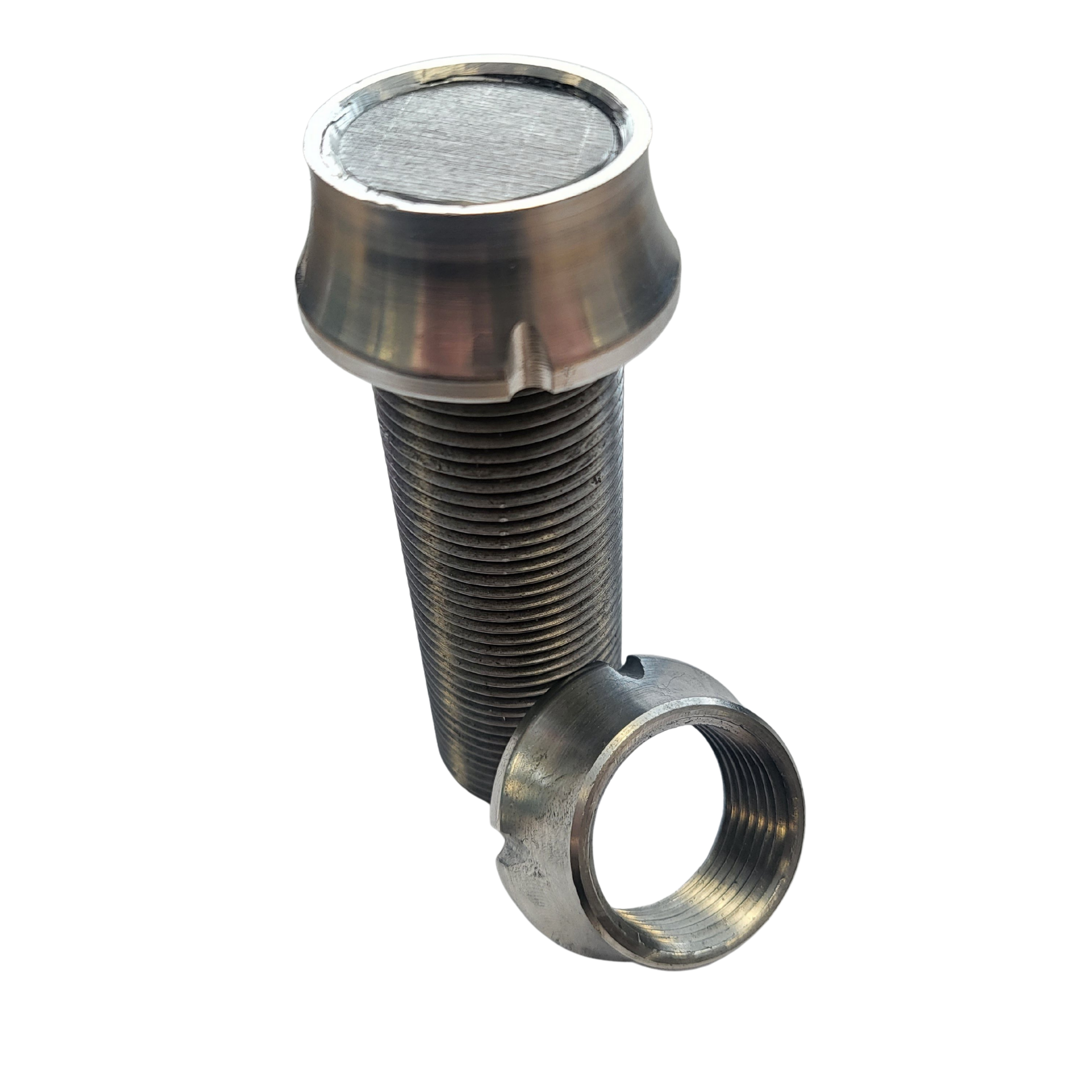 A close up of a screw and a nut on a white background.