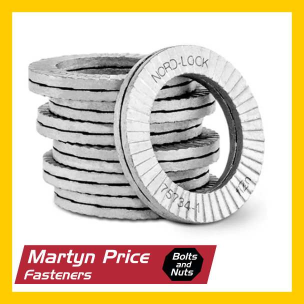 A stack of nord lock washers on a yellow background