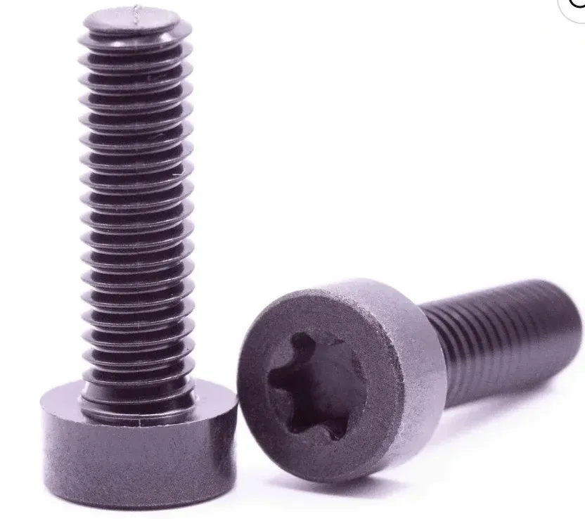 Two black screws with a star in the middle are sitting next to each other on a white surface.