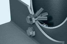 A close up of a metal pipe with nuts and bolts attached to it.