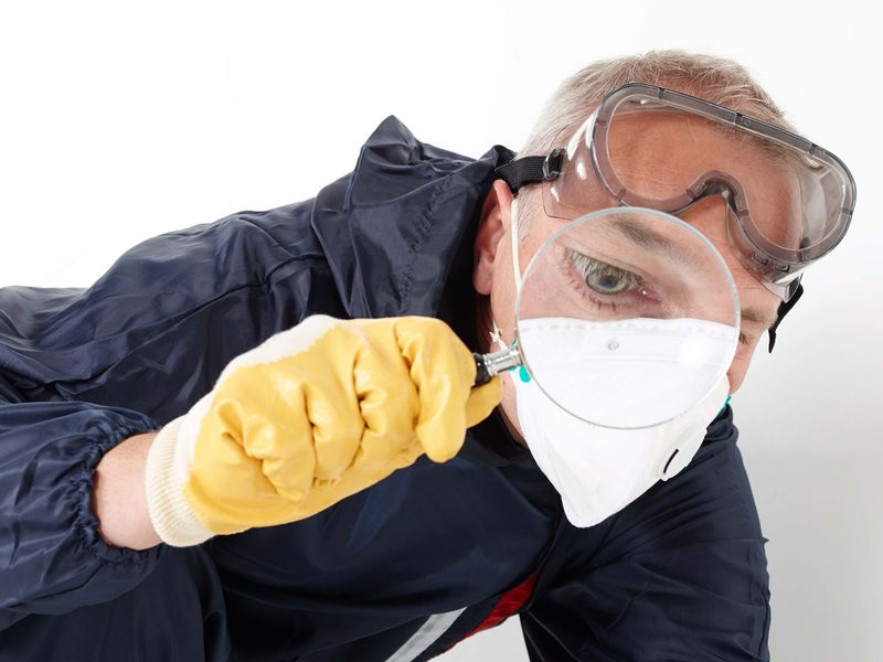 a man wearing a mask and goggles is looking through a magnifying glass