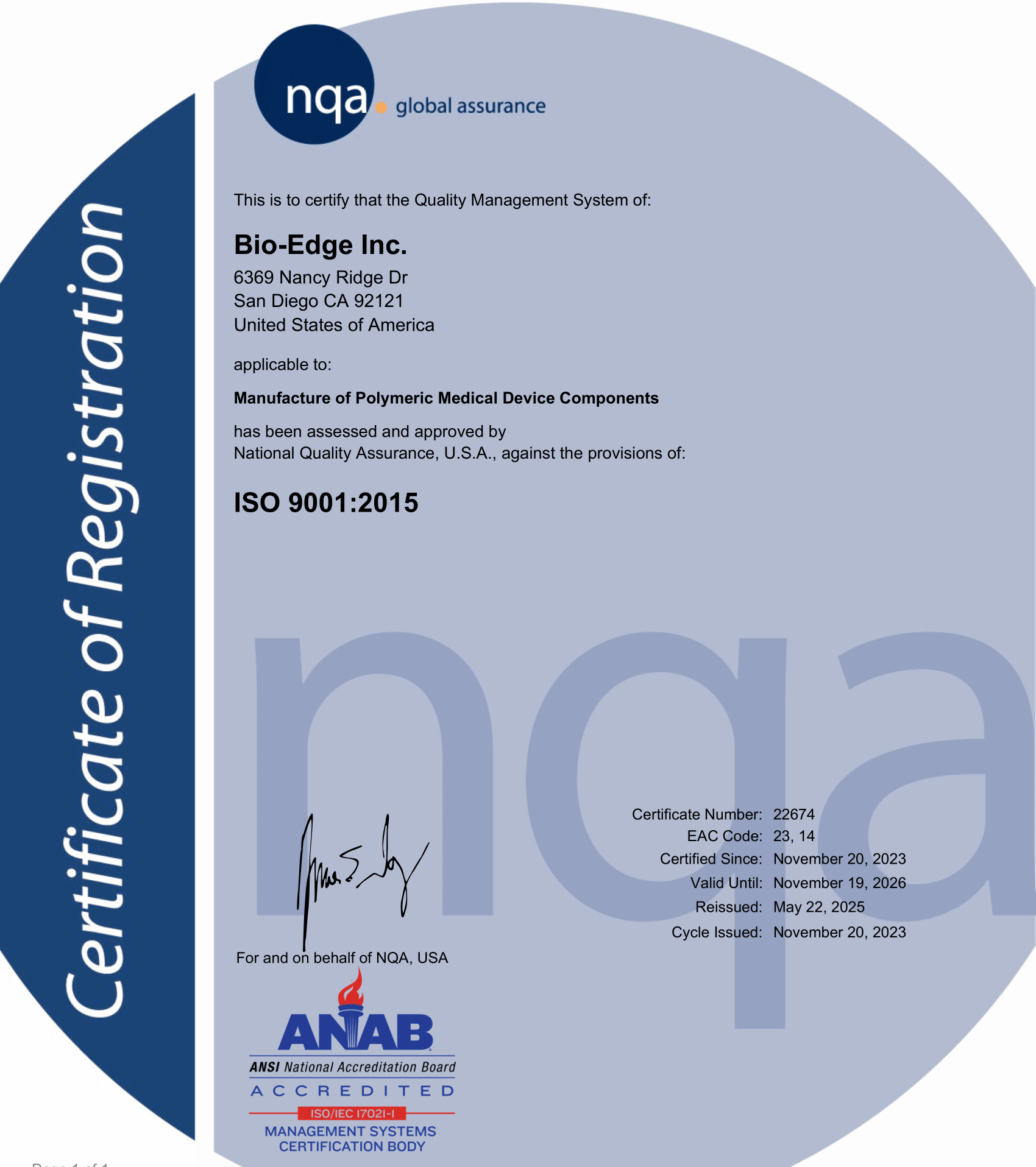 A certificate of registration for rio edge inc.