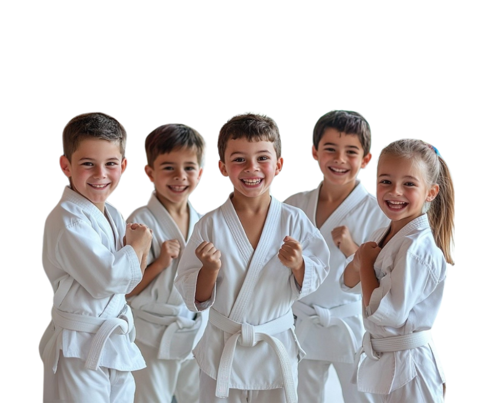 A group of children wearing karate uniforms and party hats are giving a thumbs up.