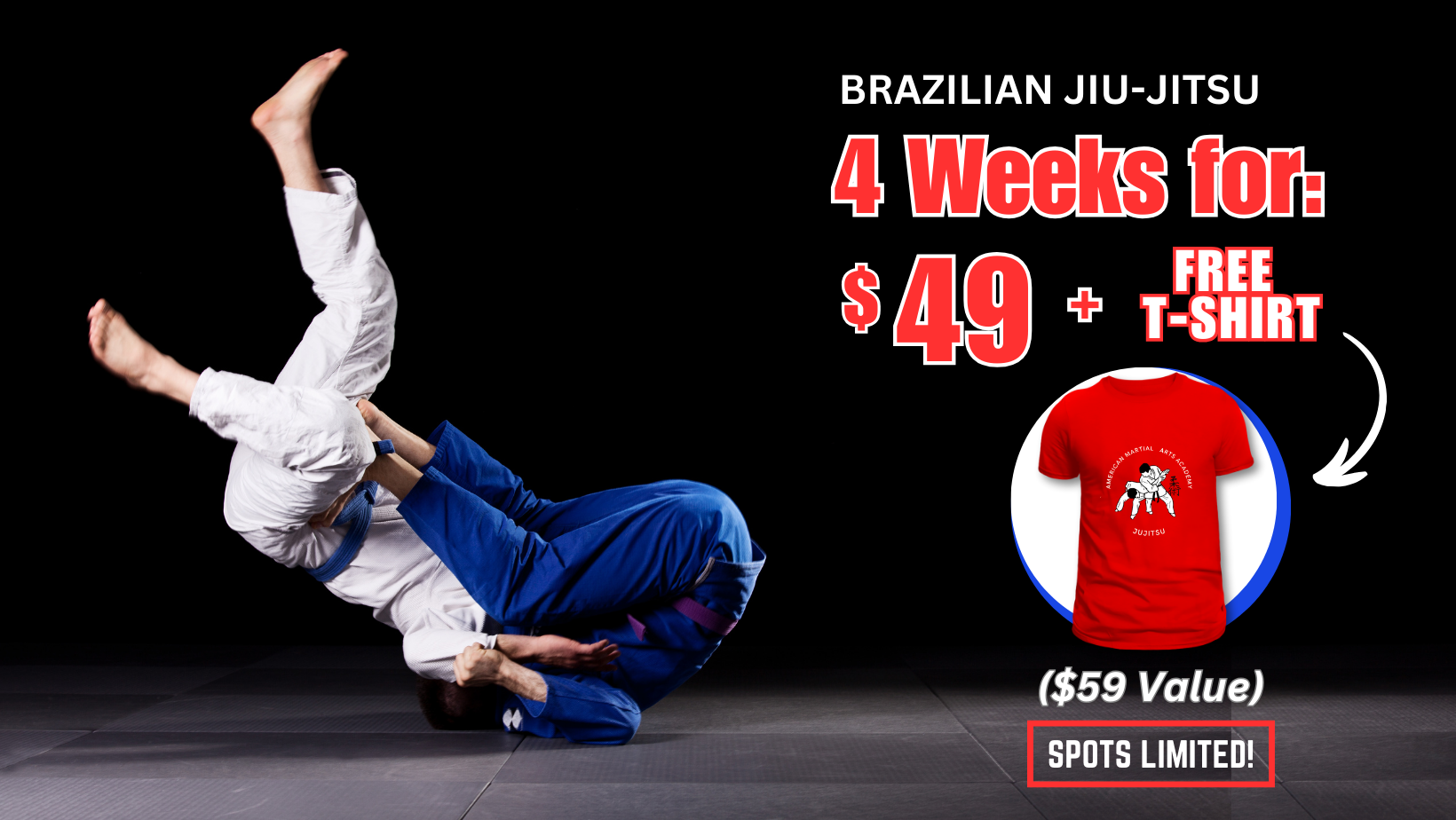 An ad for brazilian jiu-jitsu with a free t-shirt