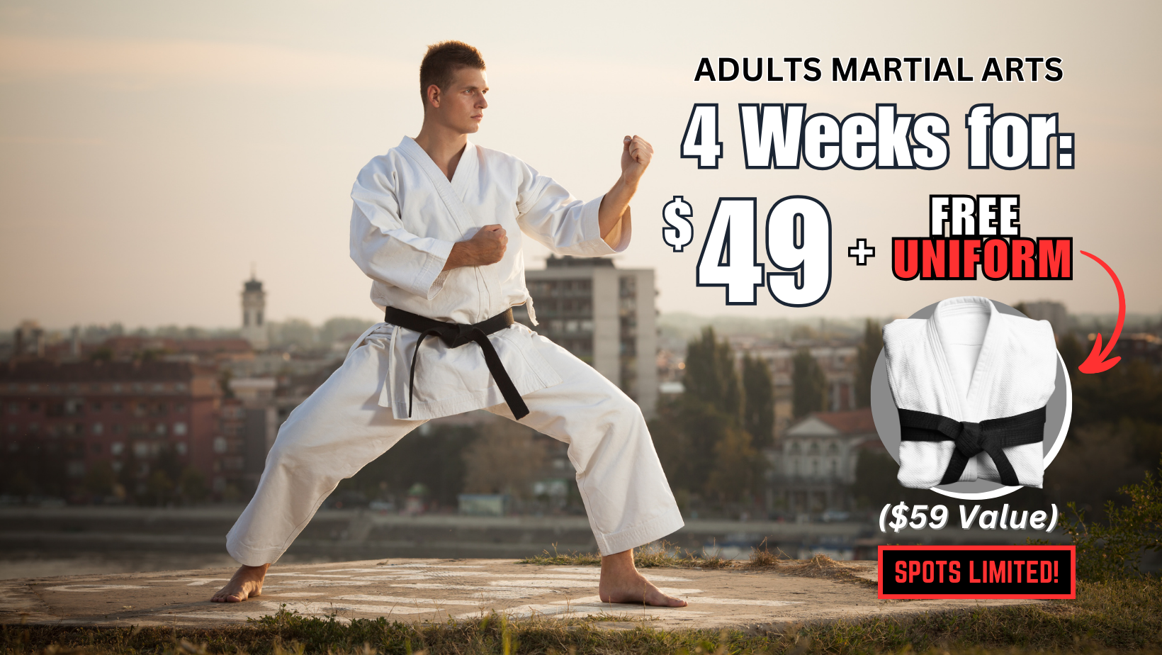 A man in a karate uniform is standing in a karate pose.