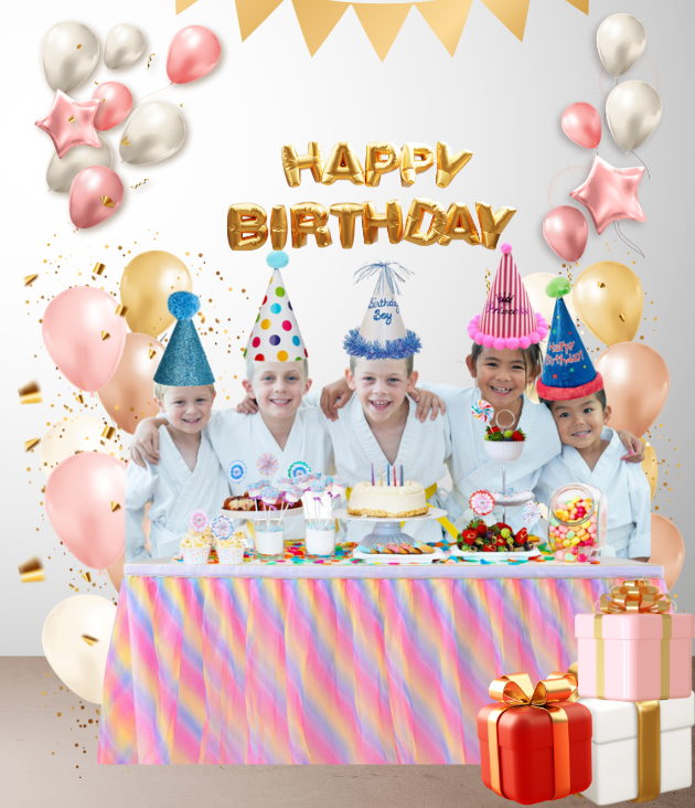 A group of children wearing karate uniforms and party hats are giving a thumbs up.
