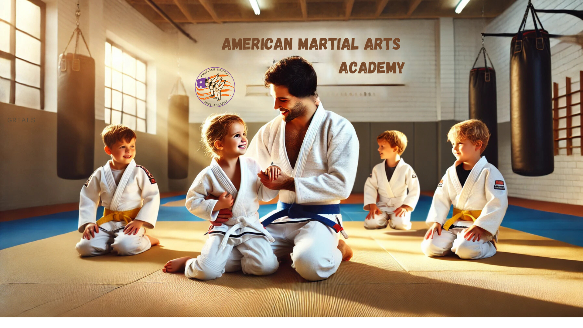 A man is kneeling down with a group of children in a martial arts academy.