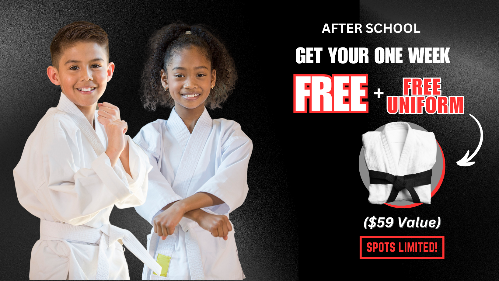 A boy and a girl are standing next to each other in karate uniforms.