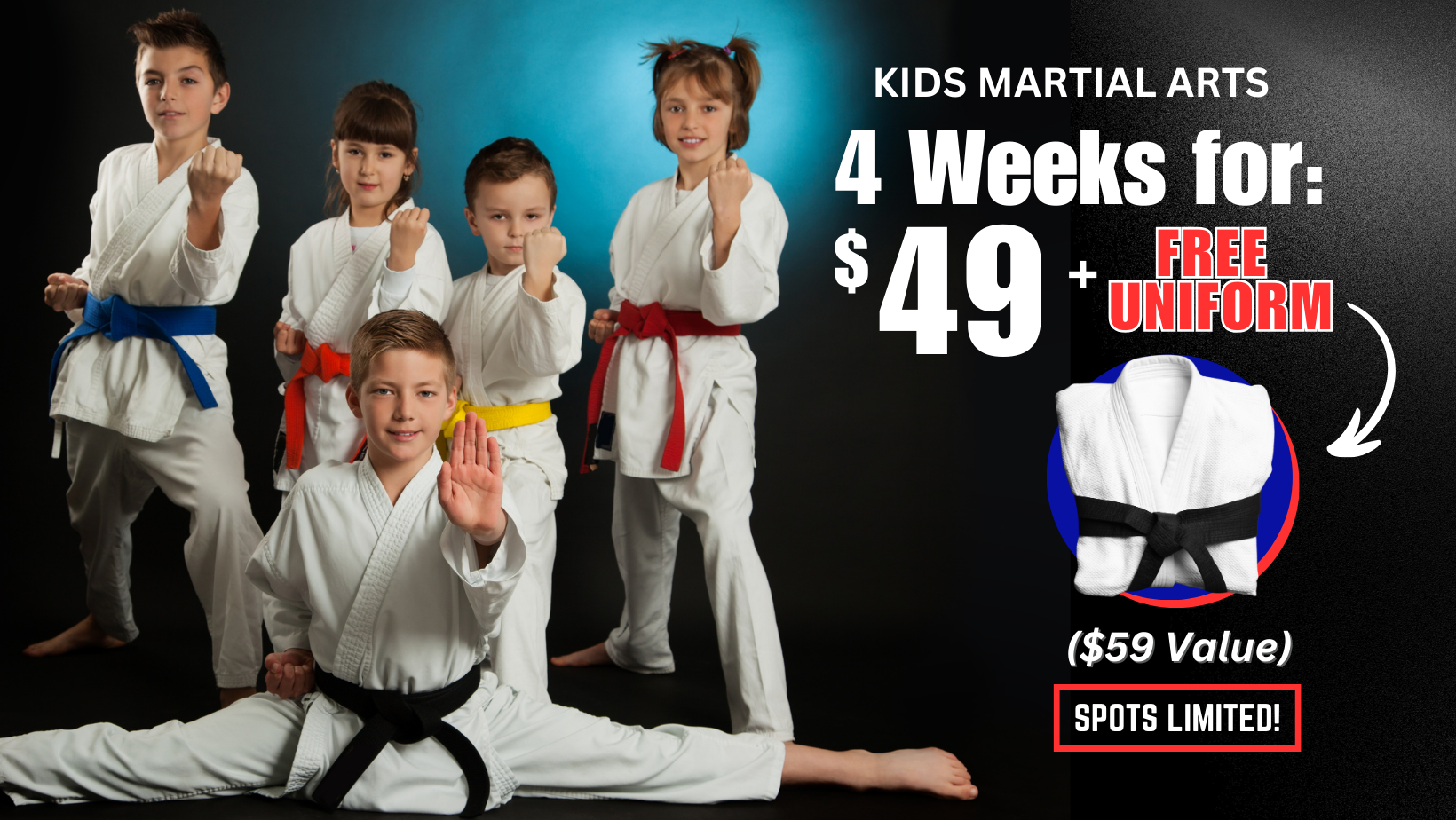 A group of kids in martial arts uniforms are standing next to each other.