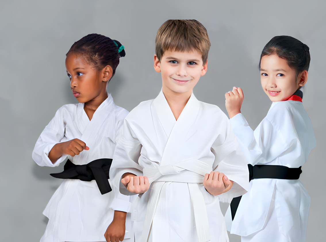 Three children are wearing karate uniforms and black belts.