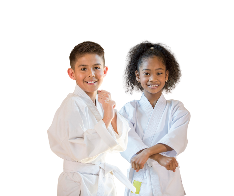 A boy and a girl are standing next to each other in karate uniforms.