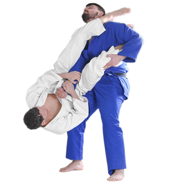 Two men in blue and white kimonos are practicing judo