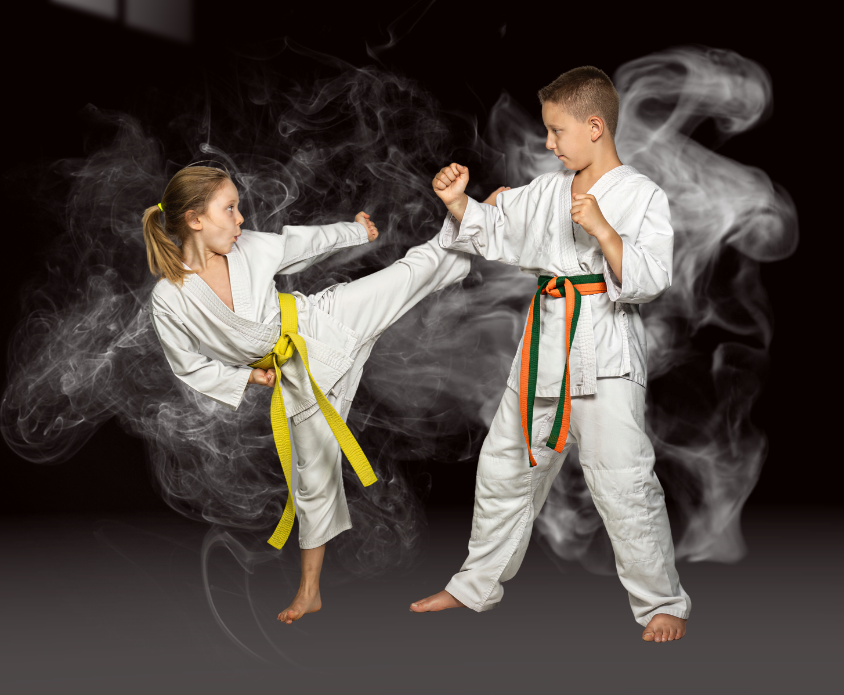 A boy and a girl are practicing karate together.
