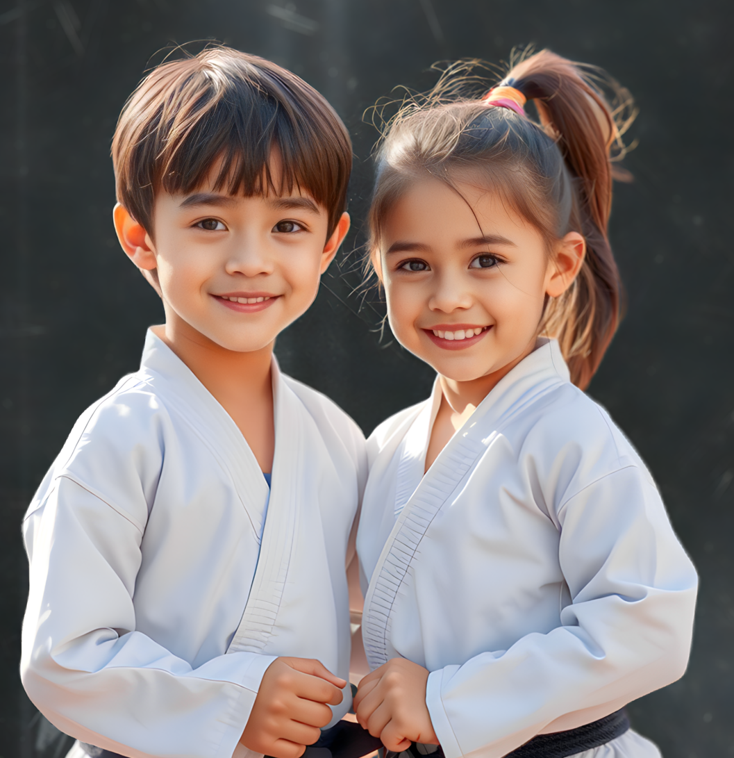 A boy and two girls are wearing white karate uniforms with black belts.