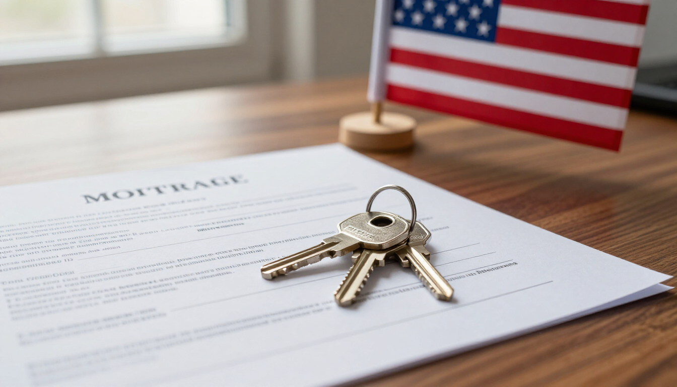 Mortgage document with keys and a small U.S. flag on a desk