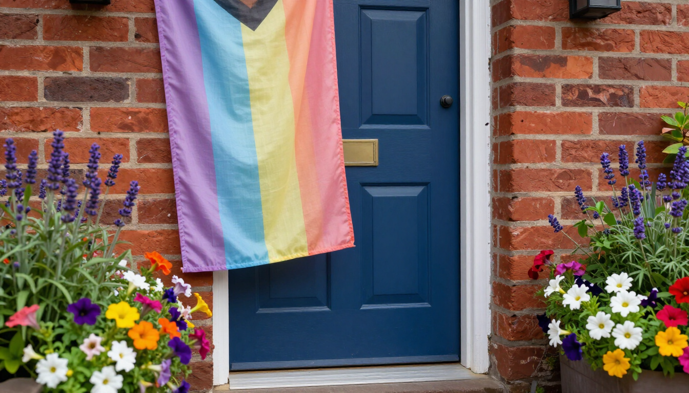 Rainbow Pride flag on a blue front door, flanked by flower pots against a brick house