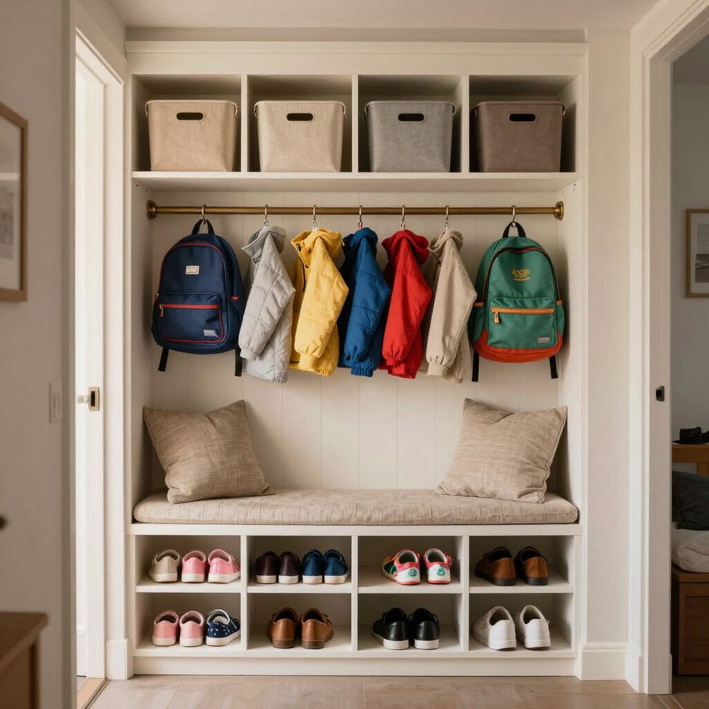 Modern mudroom backpack drop zone organization with cubbies and hooks