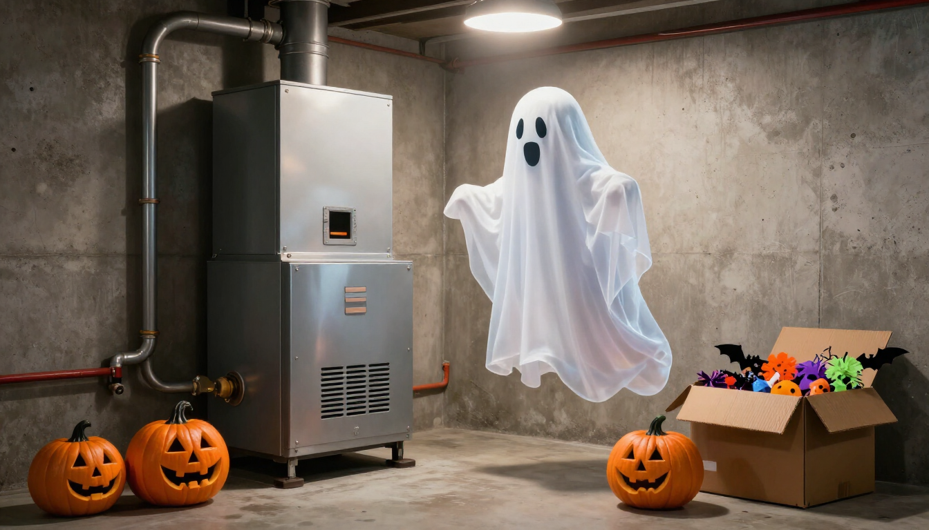 Ghost floating in a basement beside a furnace, with pumpkins and a candy-filled box for Halloween.