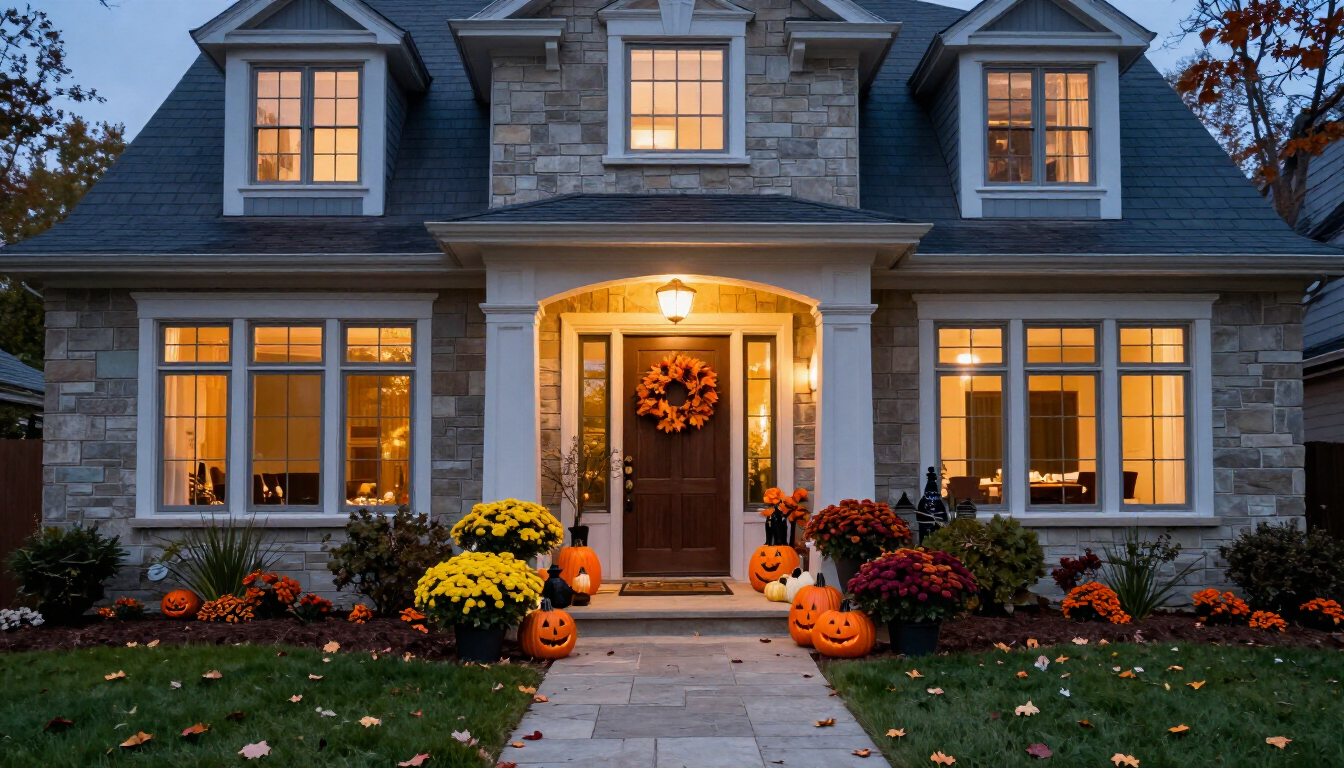 Front view of a stone house with lit windows, a glowing porch, and autumn flowers lining the walkway