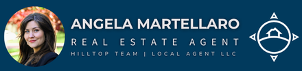 Blue real estate banner with Angela Martellaro’s portrait, name, and compass logo on the right.