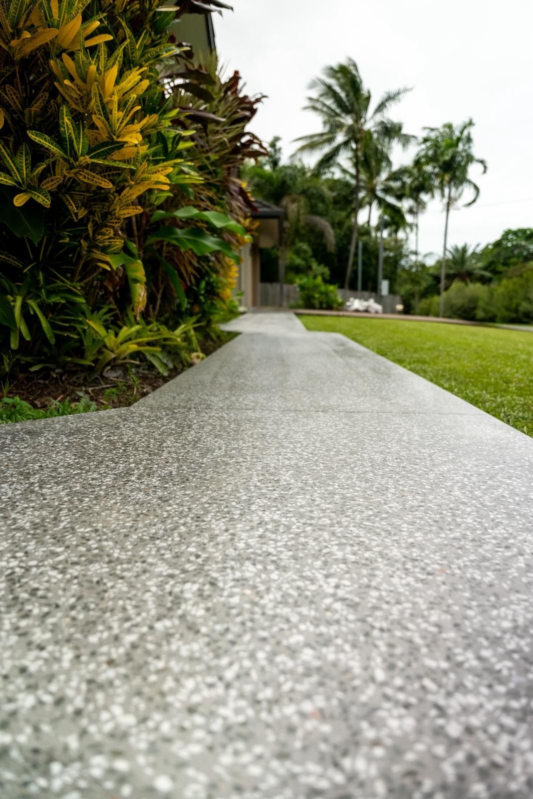 Curved Concrete Walkway Beside Lush Tropical Plants and Palm Trees on a Cloudy Day — All Grind & Coat in Cairns, QLD