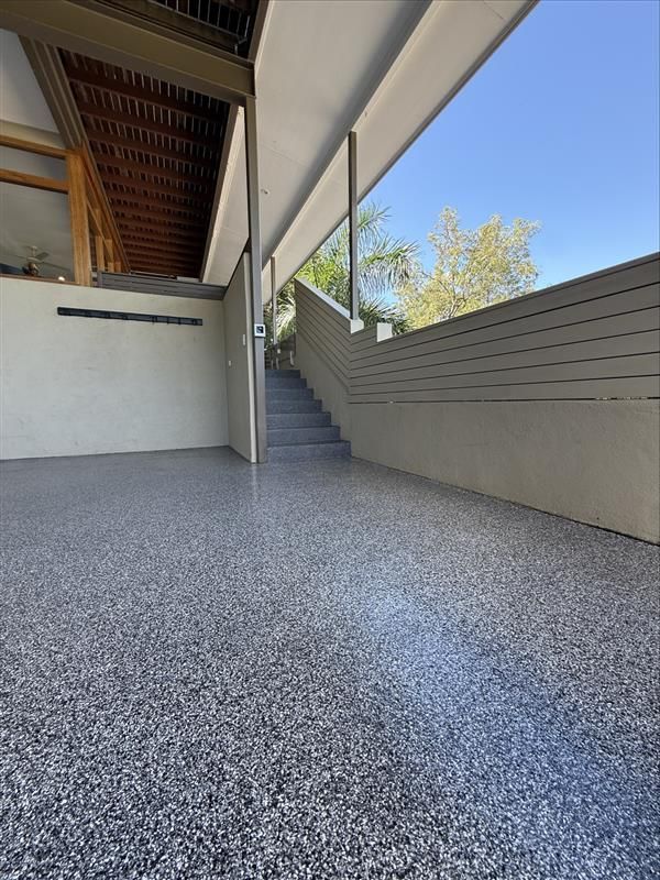 Covered Outdoor Stairway With Gray Speckled Floor — All Grind & Coat in Atherton, QLD
