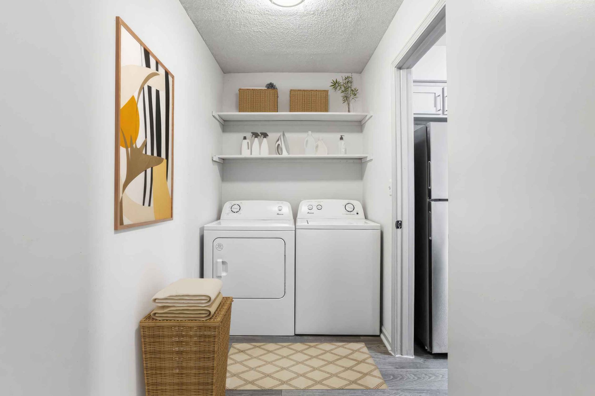 Laundry room with washer, dryer, shelves, wicker baskets, and a patterned rug