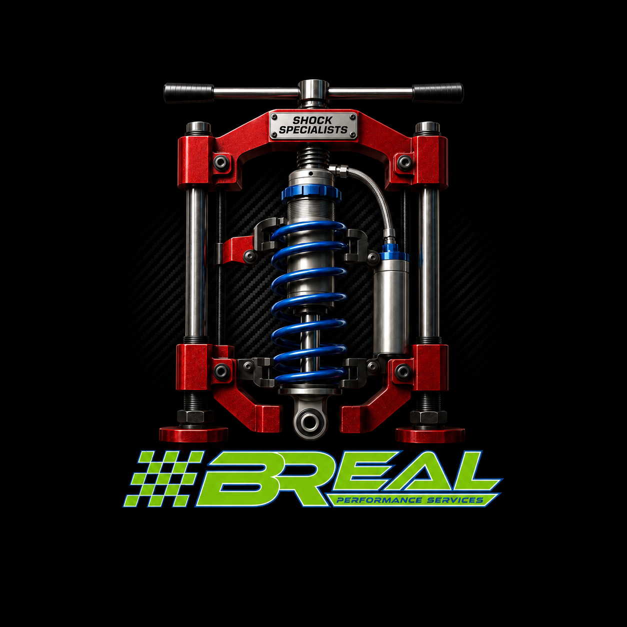 Blue coilover suspension graphic with neon green BREAL logo on black background