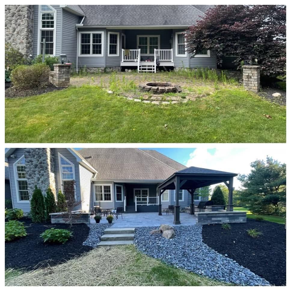 Before-and-after front yard landscaping with a stone path, steps, pergola, and dark mulch borders