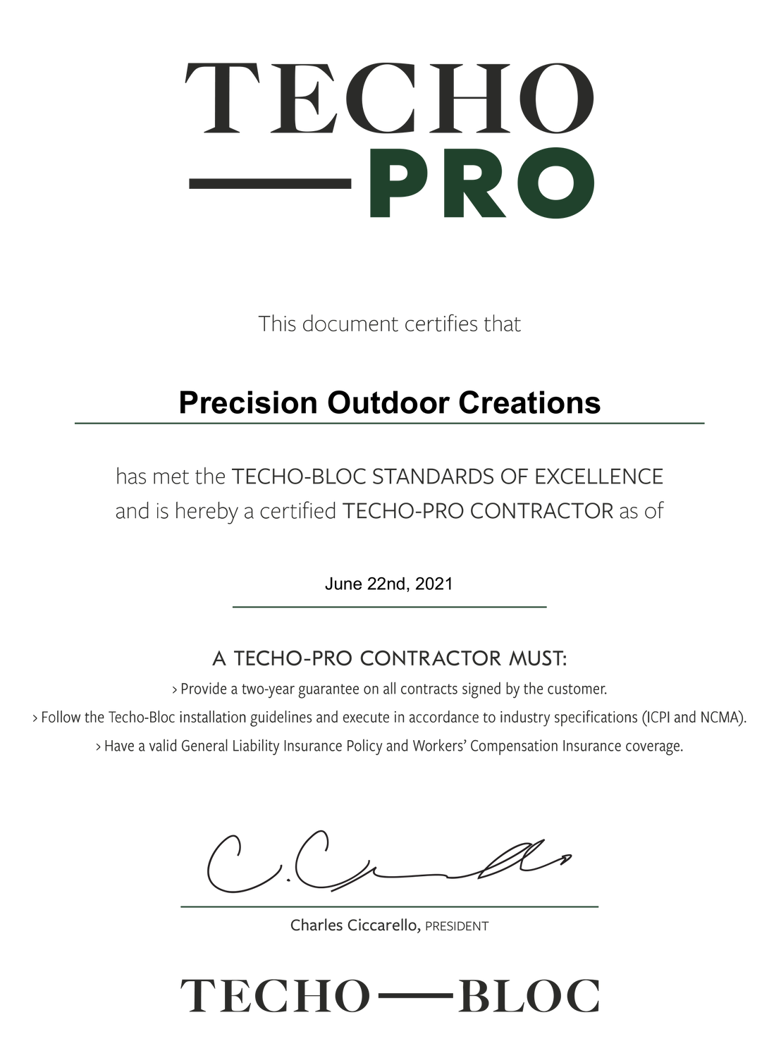 Tech Pro precision outdoor creations certificate with logo and signature lines on a white background
