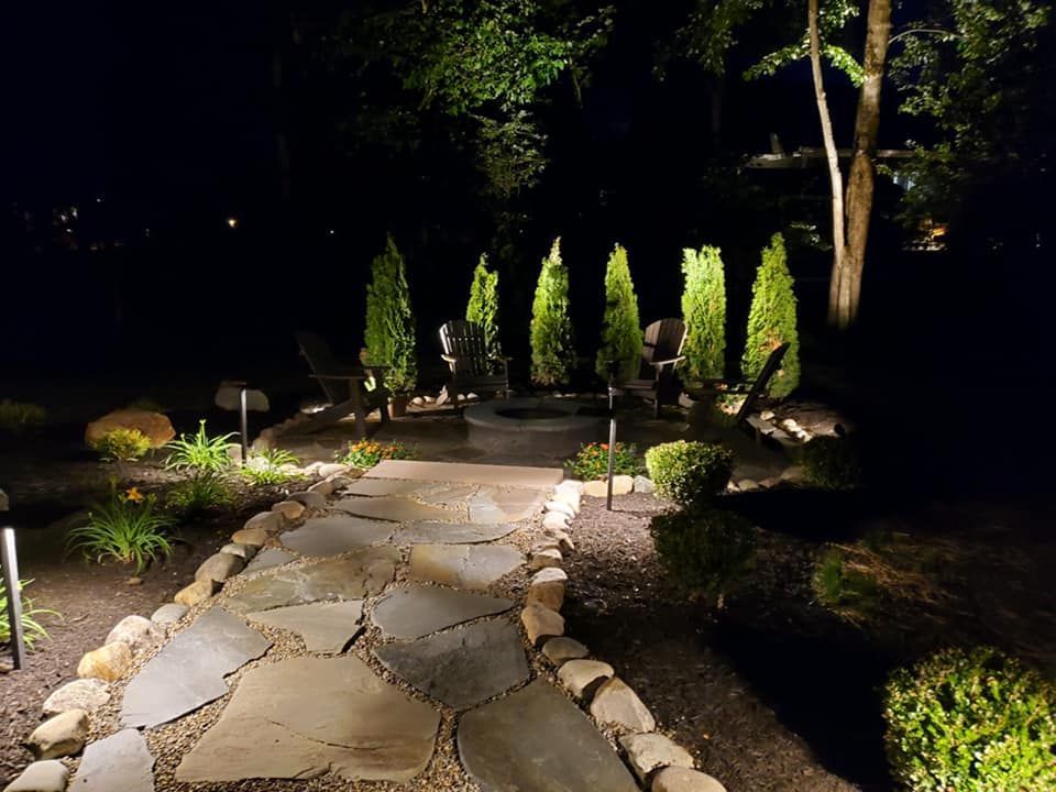 Illuminated stone garden path lined with shrubs and small trees at night